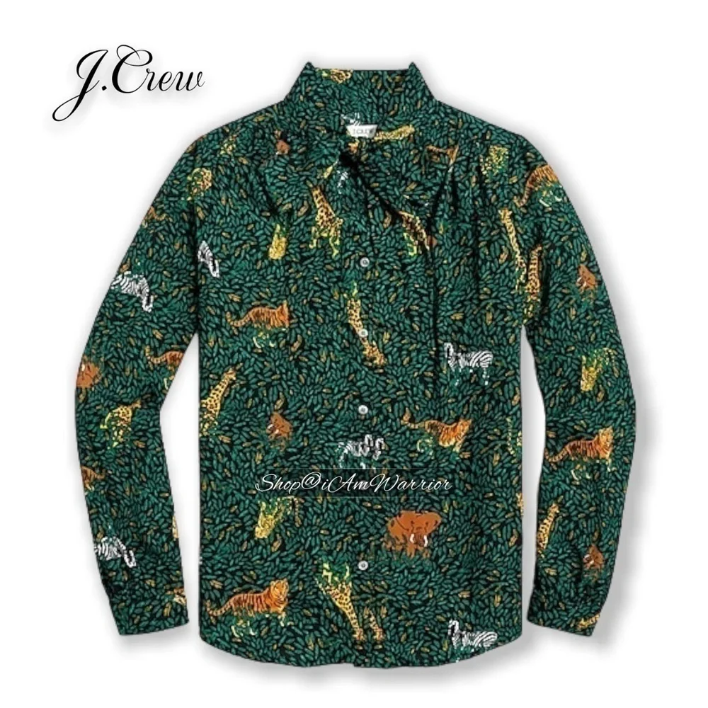 J.Crew hunter green jungle print tie neck blouse *shop@iamwarrior